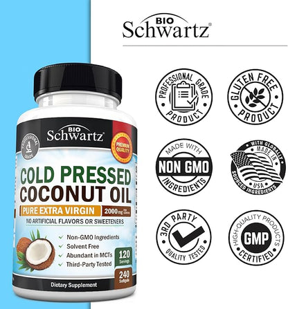 Coconut Oil Capsules 2000mg - Organic Pure Extra Virgin Unrefined Cold Pressed MCT Rich & Non-GMO for Healthy Skin Nails Hair Growth Support Bloating Anti Aging Digestion - 240ct (4 Month Supply)