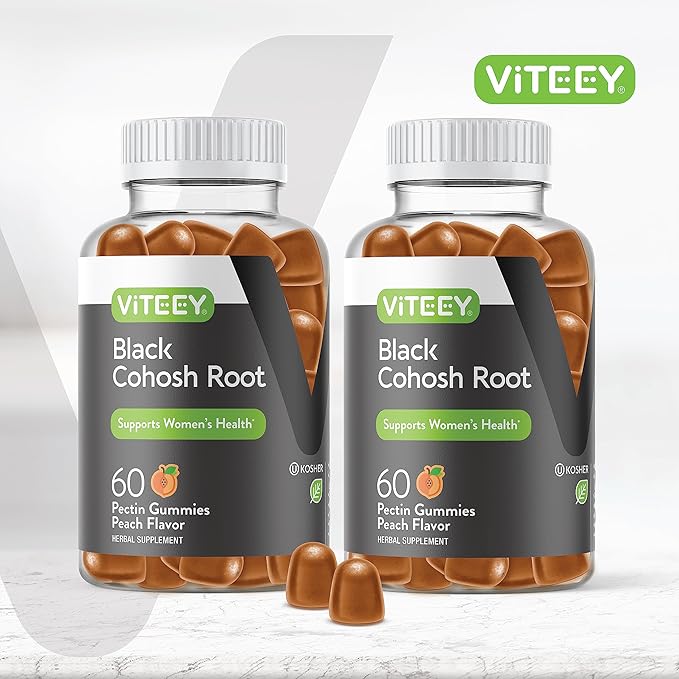 Viteey Black Cohosh for Menopause for Women - Hot Flashes and Night Sweats Relief Supplements - Black Cohosh Root - Vegan, Gelatin Free, Gluten Free, GMO Free - Tasty Chewable Peach Flavored Gummy