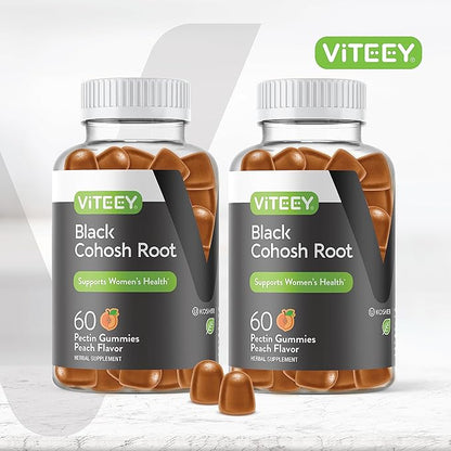 Viteey Black Cohosh for Menopause for Women - Hot Flashes and Night Sweats Relief Supplements - Black Cohosh Root - Vegan, Gelatin Free, Gluten Free, GMO Free - Tasty Chewable Peach Flavored Gummy