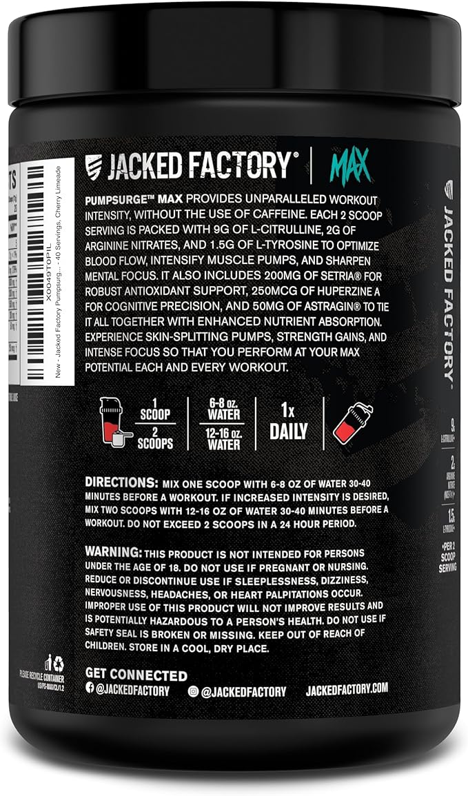 Jacked Factory Pumpsurge Max Stim Free Pre Workout - High-Performance Caffeine Free Pre Workout with L-Citrulline, N03-T Arginine Nitrate & Glutathione - 40 Servings, Cherry Limeade