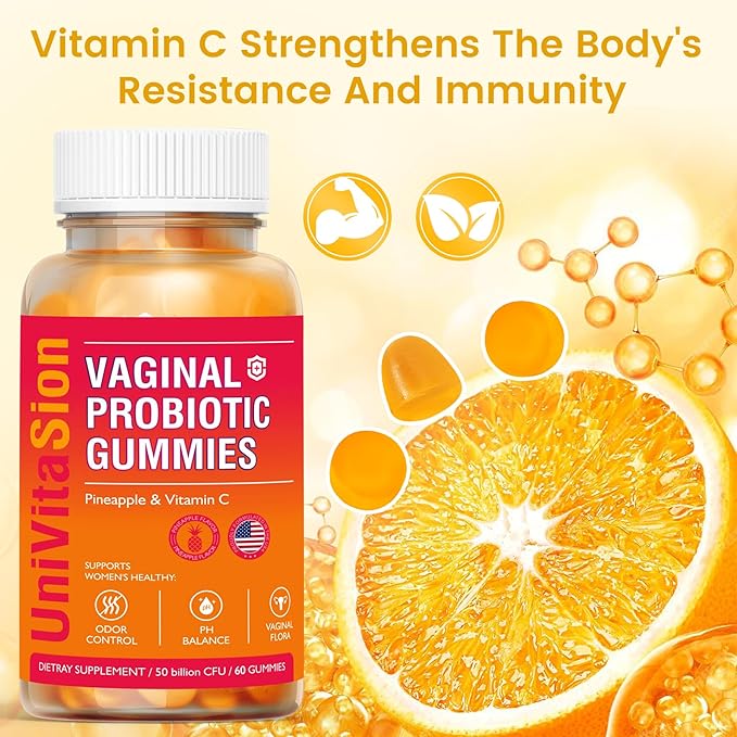 UniVitaSion Vaginal Probiotics Gummies for Women, 50 Billion CFUs - PH Balance, Vaginal odor, Vaginal Flora, Yeast Infection Treatment for Women, Vitamin C for Immune health, Hawaiian Pineapple Flavor