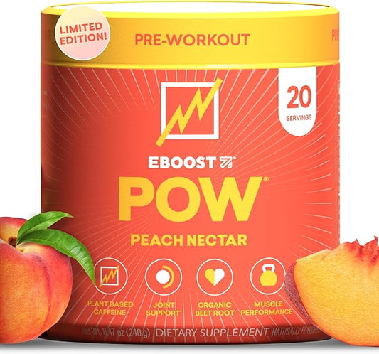 EBOOST POW Natural Pre Workout Powder - 20 Servings, Peach Nectar - Preworkout Energy Booster Gym Supplement Drink Mix for Men and Women - Performance, Joint Mobility Support - Gluten-Free