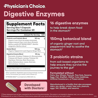 Physician's CHOICE Digestive Enzymes - Multi Enzymes, Organic Prebiotics & Probiotics for Digestive Health & Gut Health - Meal Time Discomfort Relief & Bloating - Dual Action Approach - 60 CT