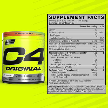 Cellucor C4 Original Pre Workout Powder Sugar Free for Men & Women 200mg Caffeine + CarnoSyn Beta-Alanine + Creatine + AI Peptides - Rainbow Blast, 30 Servings