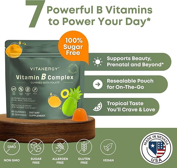 Vitamin B Complex Gummies for Women - 7 Essential Vitamins and Iron, Energy, Immune, Prenatal Support, Portable Pouch, Tropical Flavor, Made in USA, 60 Count