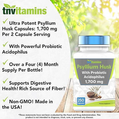 Psyllium Husk Capsules | 1700 MG - 250 Capsules | with Probiotic Acidophilus | Extra Strength Soluble & Dietary Fiber Supplement | Supports Digestive Health