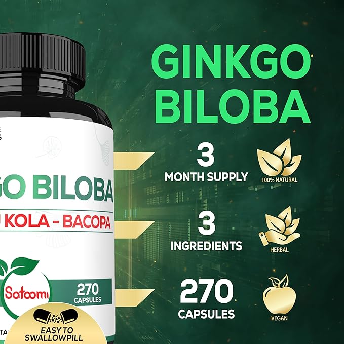 1520mg Ginkgo Biloba Supplements with Gotu Kola Leaf, Bacopa Monnieri - 270 Capsules - Extra Strength Support for Brain Health, Memory Function, Focus & Vision Quality - 3 Month Supply