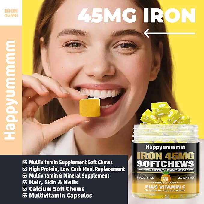Iron Soft Chews Supplement with Vitamin C | Pineapple Flavored | Gluten Free | Iron Supplement for Women Men and Kids | 60 Count | 2 Month Supply