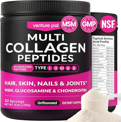 Venture Pal Multi Collagen Protein Powder - Hydrolyzed Collagen Peptides Type I, II, III, V, X + MSM, GC & Vitamin C | Unflavored Collagen Supplement | Hair, Skin, Nail & Joint Support | Non-GMO