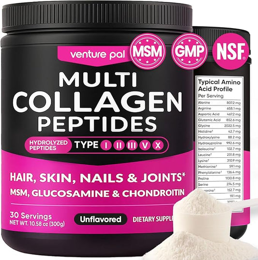 Venture Pal Multi Collagen Protein Powder - Hydrolyzed Collagen Peptides Type I, II, III, V, X + MSM, GC & Vitamin C | Unflavored Collagen Supplement | Hair, Skin, Nail & Joint Support | Non-GMO
