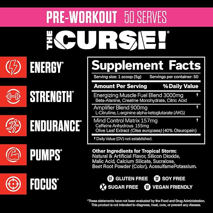 JNX SPORTS The Curse! Pre Workout Powder for Men & Women, Caffeine, Beta-Alanine, Creatine, L-Citrulline, 50 Servings, Tropical Storm Flavor – Boost Energy, Strength & Focus
