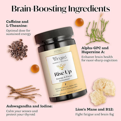 Winged Wellness Rise Up, Energy & Focus Gummies for Women - Daily Brain Boost Gummy Supplement with Natural Caffeine, Ashwagandha, B12, Nootropics Alpha-GPC & Lion’s Mane - Pineapple, 30 Gummies