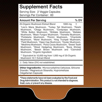 Mushroom Supplement Capsules 10:1 Extract, Mushroom Complex Capsules 1000mg, Lions Mane Supplement with Turkey Tail, Cordyceps, Reishi - 120 Count