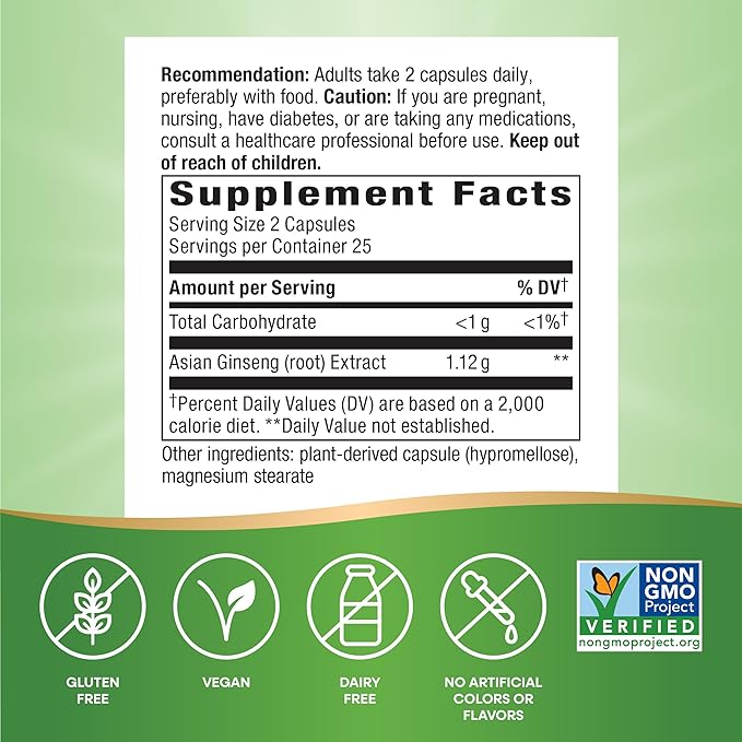 Nature's Way Asian Ginseng, Fights Fatigue*, 1,120mg Per 2-capsule Serving, Non-GMO Project Verified, Vegan, 50 Capsules (Packaging May Vary)