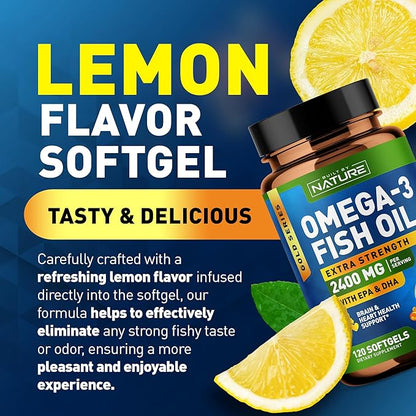Built by Nature Omega 3 Fish Oil Soft Gels - 2400 mg Fish Oil, 1440 mg Omega 3, 864 mg EPA, 576 mg DHA - Extra Strength Brain & Heart Health Support Supplement - 120 Softgels