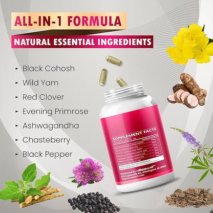 Black Cohosh with Wild Yam Red Clover Evening Primrose Ashwagandha - Hormone Balance Support - 150 Count - Made & Tested in The USA