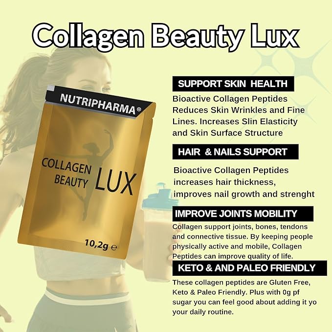 Collagen Beauty Lux, Hydrolyzed Collagen Peptides Powder for Women & Men, Promotes Hair, Nail, Skin,Unflavored Collagen Powder with Hyaluronic Acid and Vitamin C, 1 Serving, 0,36 oz