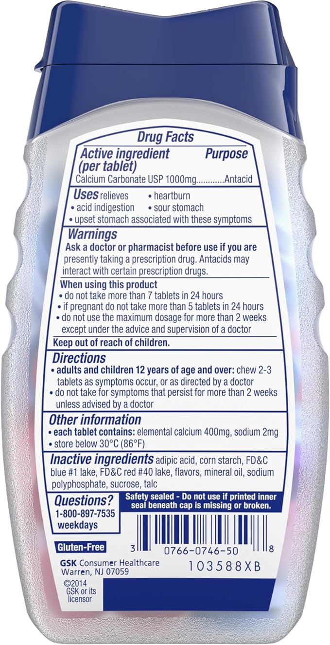 TUMS Ultra Strength Chewable Antacid Tablets for Heartburn Relief and Acid Indigestion Relief, Assorted Berries - 72 Count