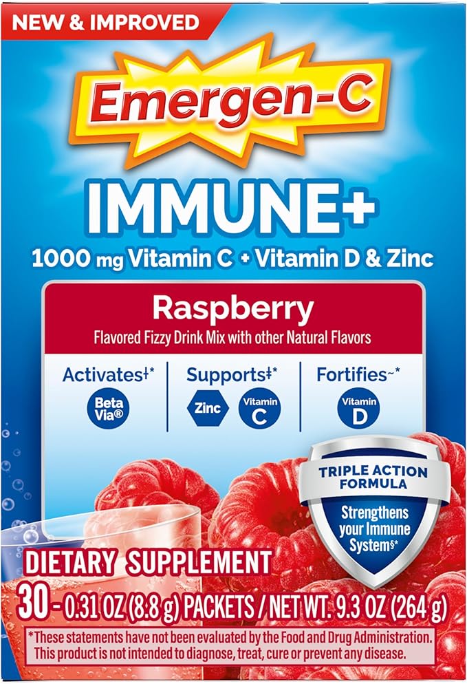 Emergen-C Immune+ Triple Action Immune Support Powder, BetaVia (R), 1000mg Vitamin C, B Vitamins, Vitamin D and Antioxidants, Raspberry – 30 Count