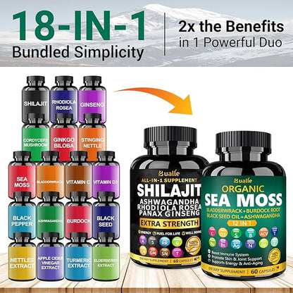 Sea Moss for Women & Shilajit for Men Supplement with Black Seed Oil, Ashwagandha, Maca & Ginger - Immune Support & Energy Booster - 120 Vegan Capsules - Organic Herbal Complex