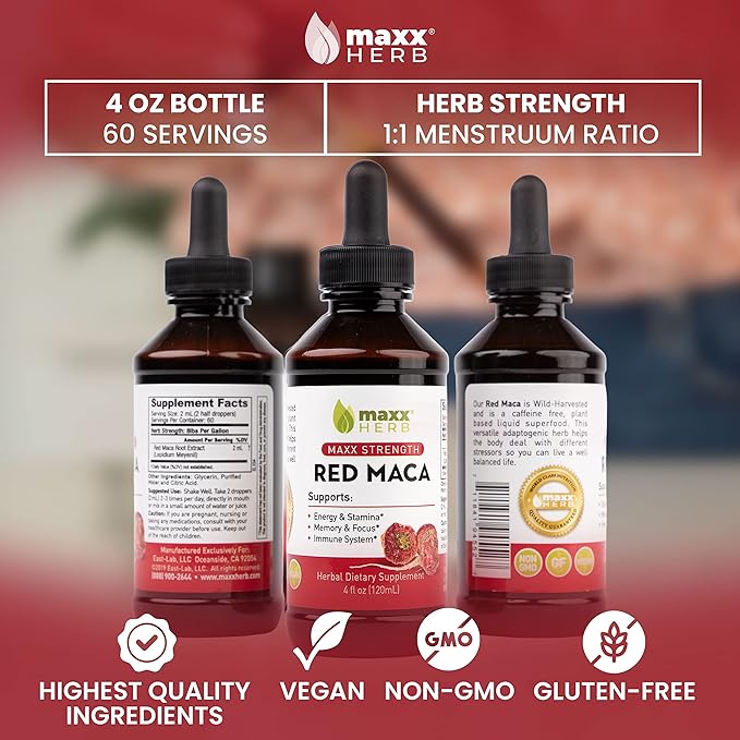 Maxx Herb Red Maca Root Extract - Max Strength Liquid Drops Absorb Better Than Powder or Capsules, for Stamina, Memory and Focus - Alcohol Free - 4 Bottles, 4 Oz Each (240 Servings)