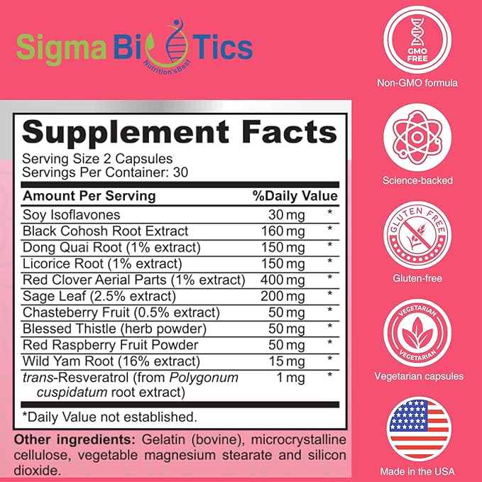 Women’s Hormone Balance Support - Herbal Supplement for Menopause, Hormonal & Reproductive Health - Non-GMO Supplements with Soy Isoflavones, Black Cohosh, Dong Quai - 60 Capsules