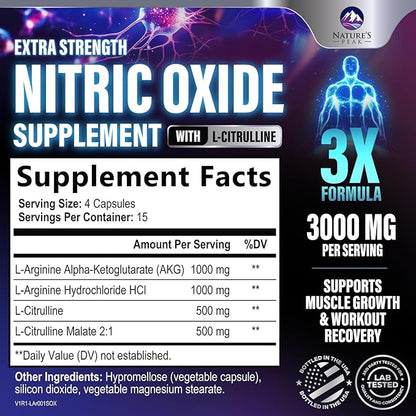 Nitric Oxide Supplement 3000mg L Arginine 3X Strength - Citrulline Malate & AKG - Extra Strength Muscle Supporting Nitric Booster for Muscle Growth & Workout Recovery to Train Harder - 60 Capsules