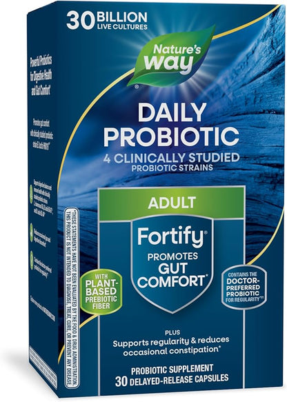 Nature's Way Fortify Daily Probiotic + Prebiotic for Men and Women, 30 Billion Live Cultures, Digestive and Immune Health Support* Supplement, 30 Capsules