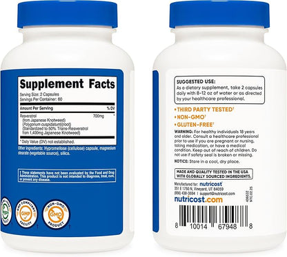 Nutricost Resveratrol 700mg; 120 Vegetable Capsules - 50% Trans-Resveratrol (3 Bottles)
