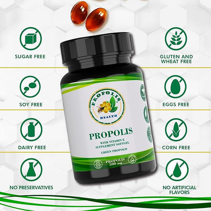 Propolis Health Propolis Capsules 1000mg-Daily with Vitamin E Per 2 Capsules - Brazilian Green Propolis Extract - Immune Booster 50 Days Supply Propolis Capsules (100 Capsules)