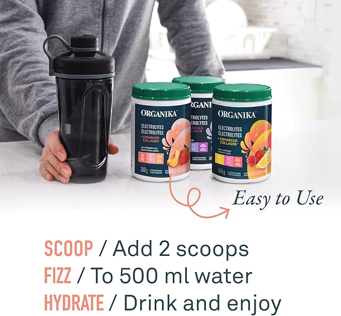 Organika Canadian-Made Electrolytes + Enhanced Collagen - Zesty Lemon Berry Flavour - Sugar-Free Hydration | 5g Protein + 100% of Daily Vitamin C | 360g, 30 Servings