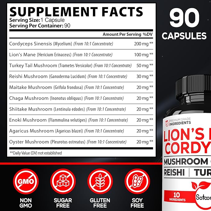 Satoomi 10in1 Cordyceps Mushroom Supplement - Blended with Lions Mane, Turkey Tail Mushroom, Reishi Mushroom & Others - 90 Capsules for 90 Serving Supply