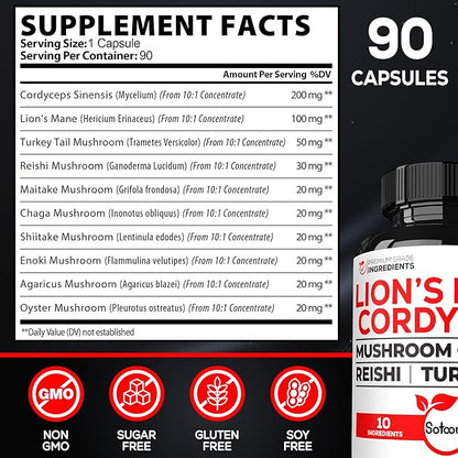 Satoomi 10in1 Cordyceps Mushroom Supplement - Blended with Lions Mane, Turkey Tail Mushroom, Reishi Mushroom & Others - 90 Capsules for 90 Serving Supply