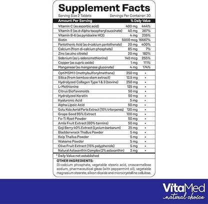 Hair, Skin, and Nails Vitamins – Complete Formula with Biotin 5000mcg, Collagen, Zinc, Keratin, and Hyaluronic Acid for Hair Growth, Strong Nails, and Glowing Skin – 60 Tablets