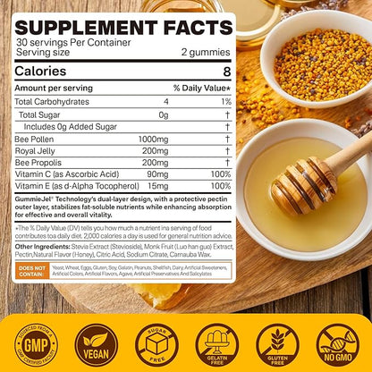 Bee Pollen Organic 1000mg, w/Propolis, Royal Jelly, Sugar Free Bee Pollen Gummies Rich in B-Vitamin, Antioxidants, Amino Acids, Bee Pollen Supplement for Energy, Skin & Immune (1 Pack)