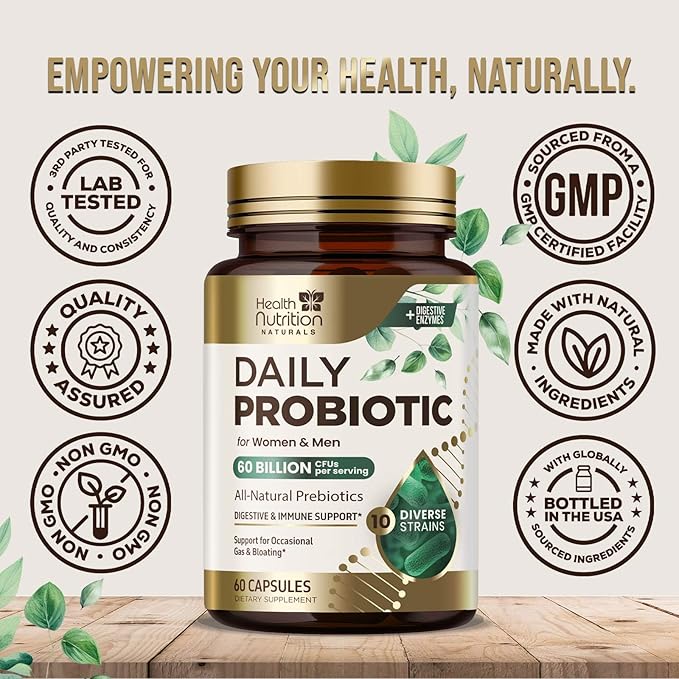 Probiotics 60 Billion CFU + 10 Strains - Daily Probiotic for Immune, Digestive & Gut Support, Prebiotics and Probiotics Supports Occasional Constipation, Gas & Bloating for Women & Men - 60 Capsules