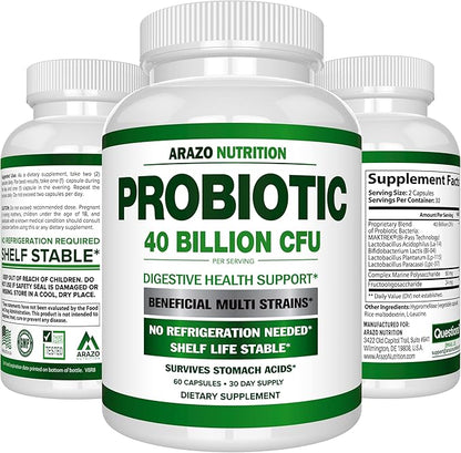 Arazo Nutrition Probiotic 40 Billion CFU - Shelf Stable with Prebiotics and Acidophilus - Stable Potency Until Expiration – Time Delay Release Probiotics