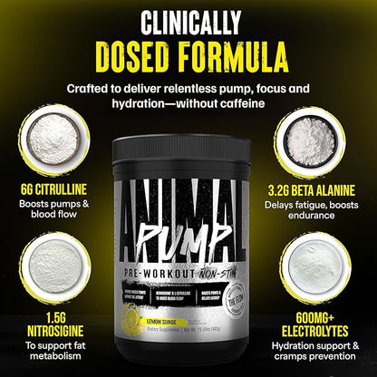 Animal Pump NS Stim-Free Pre Workout Powder for Men & Women - Caffeine-Free Preworkout for Energy, Focus and Muscle Builder, Beta Alanine, Citrulline, Nitrosigine and Nootropics, Lemon Surge, 442g