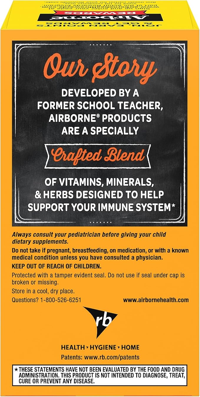 Airborne Vitamin C 1000mg (per Serving) - Citrus Chewable Tablets (96 Count in a Box), Gluten-Free Immune Support Supplement with Vitamins A C E, Zinc, Selenium, Echinacea, Ginger, Antioxidants