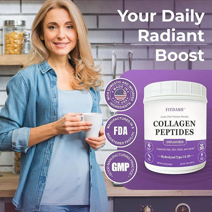 Collagen Peptides Hydrolyzed Collagen Powder Type I and III, Supports Hair, Nails, and Joints. Unflavored 41 Servings 15.9 Oz. Grass-Fed Pastured-Raised.