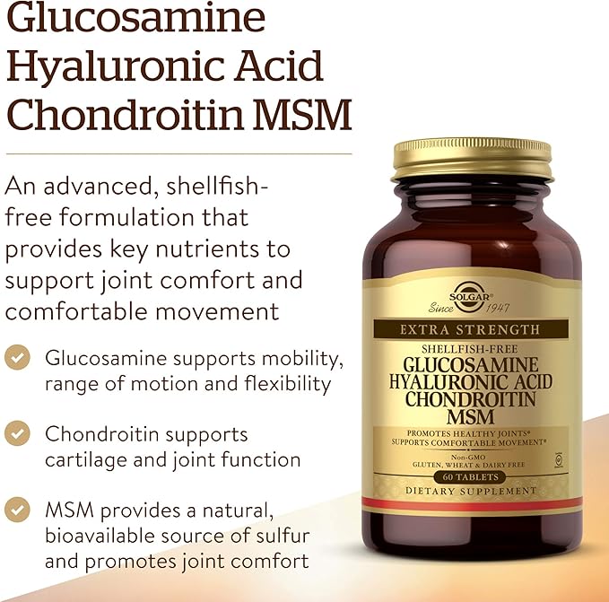 Solgar Glucosamine Hyaluronic Acid Chondroitin MSM (Shellfish-Free), 60 Tablets - Joint Support & Comfort - Supports Active Lifestyles - Non-GMO, Gluten Free, Dairy Free - 20 Servings