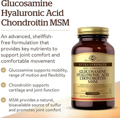 Solgar Glucosamine Hyaluronic Acid Chondroitin MSM (Shellfish-Free), 60 Tablets - Joint Support & Comfort - Supports Active Lifestyles - Non-GMO, Gluten Free, Dairy Free - 20 Servings