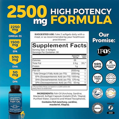 Viva Naturals Omega 3 Fish Oil Supplement for Women and Men - 2500 mg Triple Strength Fish Oil Pills with Re-Esterified Omega 3 Fatty Acids Including EPA, DHA DPA - 60 Pescatarian-Friendly Softgels