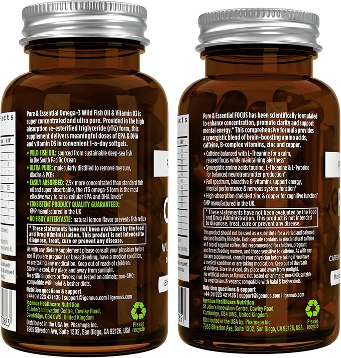 Omega-3 & Vitamin D3 1000iu + Focus Brain Booster Bundle, Fast-Acting 1-a-Day EPA & DHA rTG Wild Fish Oil + Caffeine, L-Theanine, Taurine & L-Tyrosine, B-Vitamins, Zinc & Copper, by Igennus