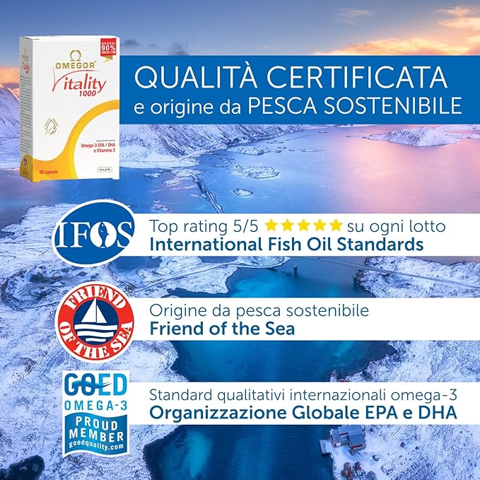 OMEGOR Omega 3 Fish Oil Supplement IFOS Certified Vitality 1000 with 800mg EPA and DHA per Capsule - No Fishy Aftertaste, Non-GMO (60 Softgels)