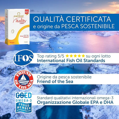 OMEGOR Omega 3 Fish Oil Supplement IFOS Certified Vitality 1000 with 800mg EPA and DHA per Capsule - No Fishy Aftertaste, Non-GMO (60 Softgels)