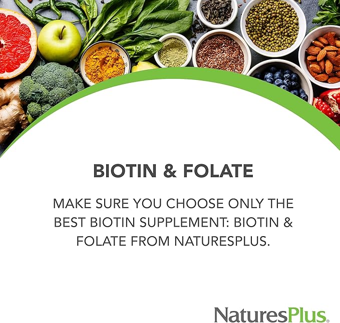 Natures Plus Biotin & Folic Acid (Methylfolate), Sustained Release - 30 Vegetarian Tablets - Vitamin B7 & Vitamin B9, Supports Hair Growth, Energy Booster, Prenatal Vitamin - Gluten-Free - 30 Servings