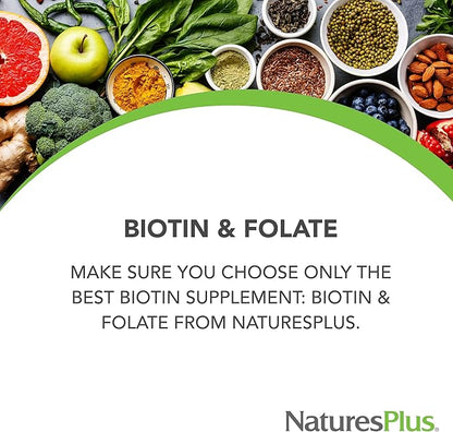 Natures Plus Biotin & Folic Acid (Methylfolate), Sustained Release - 30 Vegetarian Tablets - Vitamin B7 & Vitamin B9, Supports Hair Growth, Energy Booster, Prenatal Vitamin - Gluten-Free - 30 Servings