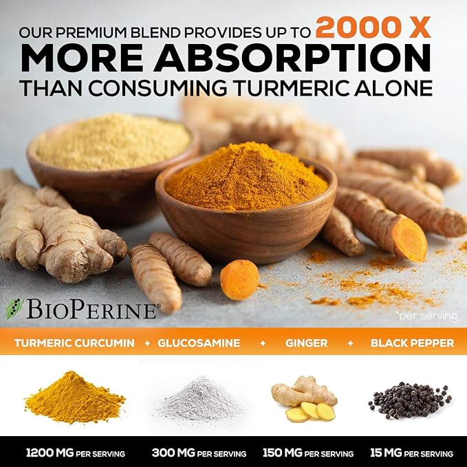 Turmeric Curcumin Supplement 2000mg with Glucosamine Chondroitin & Ginger, 95% Curcuminoids, BioPerine Black Pepper for Best Absorption, Nature's Joint Support, Non-GMO, Bottled in USA - 240 Capsules