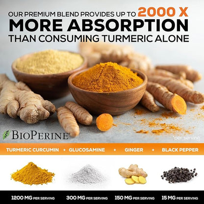 Turmeric Curcumin Supplement 2000mg with Glucosamine Chondroitin & Ginger, 95% Curcuminoids, BioPerine Black Pepper for Best Absorption, Nature's Joint Support, Non-GMO, Bottled in USA - 240 Capsules